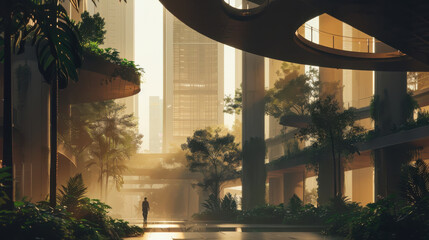 Futuristic floating transport hub features integrated greenery, showcasing modern architecture and serene atmosphere. person walks through lush