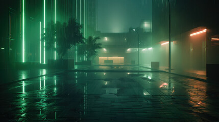 Futuristic eco city at night with rain reflections, showcasing neon lights and moody atmosphere