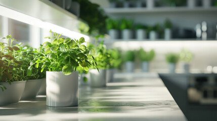 Modern kitchen featuring hydroponic herbs in white pots, showcasing vibrant green aesthetic and clean, organized space