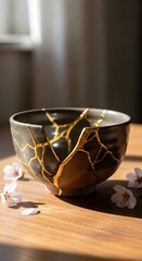 A decorative black ceramic bowl with gold crackle glaze sitting on a wooden surface surrounded by delicate cherry blossom petals in a softly lit room