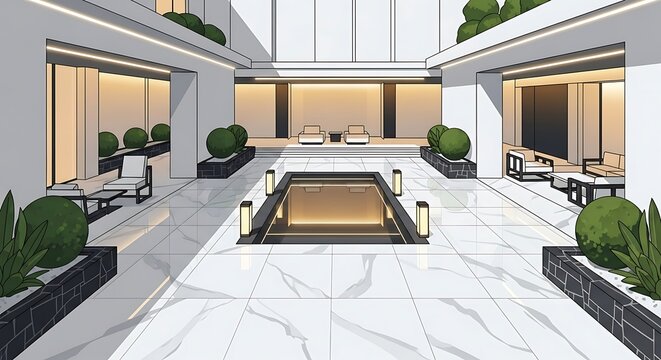 Architectural visualization of an upscale modern courtyard interior design - Powered by Adobe