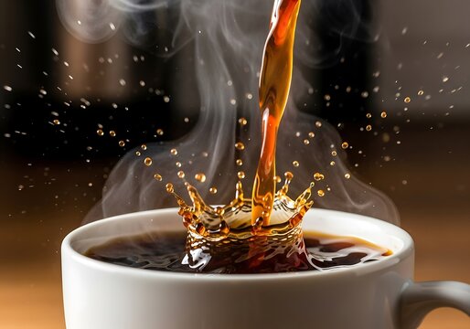 Aromatic coffee cascading into a cup with captivating splash and swirls evoking warmth and energy with a steaming allure