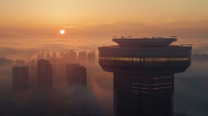 Cinematic sunrise over drone control tower in eco city, surrounded by misty skyscrapers, creating serene and futuristic atmosphere