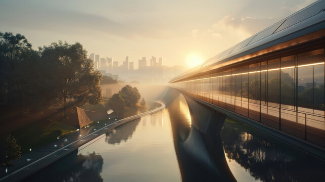 Futuristic floating maglev train station over serene river sunrise, surrounded by city skyline and lush greenery, evokes sense of innovation