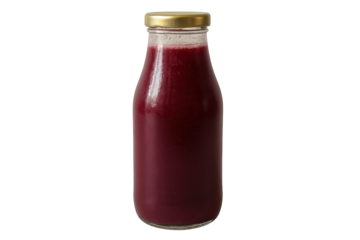 Glass bottle filled with dark red juice against transparent background