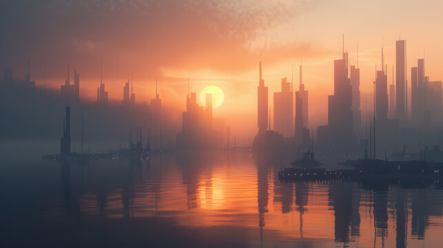 Futuristic harbor at sunset with electric ships and tidal energy, showcasing serene atmosphere and modern architecture