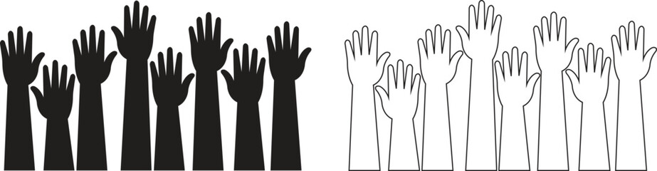 Raised hands flat and line icons set, showing diverse human arm silhouettes black vectors illustration for volunteer support, unity, voting, teamwork, participation, charity and community concept.