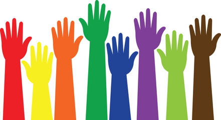 Raised hands icon in trendy flat style, showing diverse human arm silhouette colorful vector illustration for volunteer support, unity, voting, teamwork, participation, charity and community concept.
