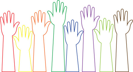 Raised hands icon in trendy line style, showing diverse human arm silhouette colorful vector illustration for volunteer support, unity, voting, teamwork, participation, charity and community concept.