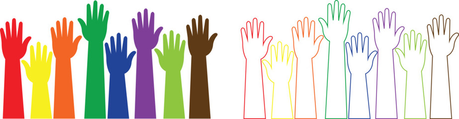 Raised hands flat and line icons set, showing diverse human arm silhouette colorful vectors illustration for volunteer support, unity, voting, teamwork, participation, charity and community concept.