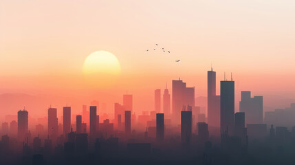 Serene skyline dawn showcases minimalistic cityscape with silhouettes of skyscrapers against vibrant sunrise. warm hues evoke tranquility and hope