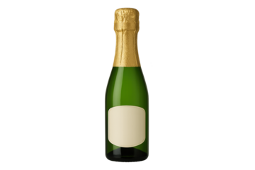 Green champagne bottle with gold foil and blank beige label