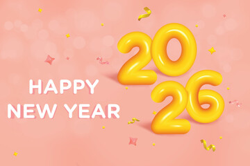 New Year 2026 Fluid Effect Text On Peach Color Bokeh Background. New Year's Eve Clearance Sale Offer Theme Vector Illustration For Greeting, Invite Card, Website, Banner, Poster, Flyer, Etc.