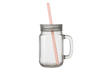 Clear glass mason jar with handle, metal lid, and pink straw