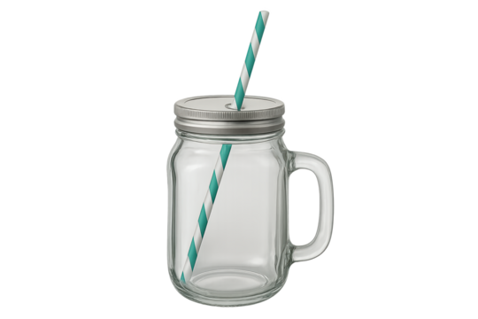 Clear glass mason jar with metal lid and teal striped straw