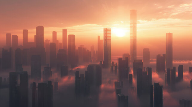Futuristic city skyline with towering skyscrapers, misty atmosphere, and vibrant sunset creating serene yet dynamic scene