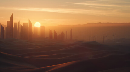 Futuristic eco city rises desert, featuring solar farms and wind turbines stunning sunset. landscape blends innovation and nature harmoniously