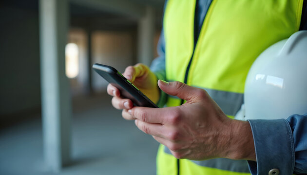 Builder uses mobile. Worker chats on phone. Engineer holds hardhat at construction site. Man messages. App helps industrial manager. Male texts. Safety guaranteed. Construction worker holds