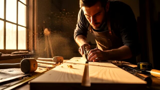 Skilled carpenter shaping wood in a sunlit workshop filled with tools