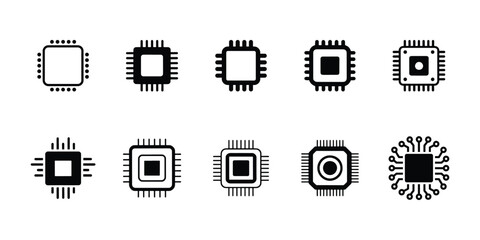 Minimal microchip icon bundle, CPU processor and circuit board vector design