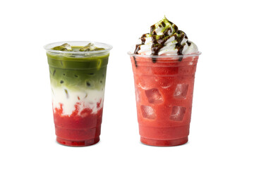 Two iced strawberry drinks in clear cups: a layered matcha strawberry latte and a strawberry smoothie topped with whipped cream and chocolate drizzle, isolated on background.