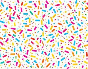 Colorful, scattered candy sprinkles of various shapes and sizes on a white background