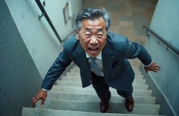 Asian businessman slips, falls down office stairs, screaming loudly. Loses control, arms wide, tumbling from high step. Sudden accident means risk, health danger, workplace emergency for elderly man,