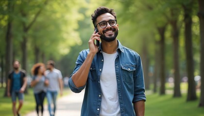 Young man uses smartphone strolling in park. Wears hearing aid, smiles confidently. Background shows people walking among trees creating lively urban environment. Image represents connection