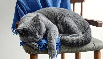 A relaxed, grey feline dozes peacefully on a wooden chair, draped with a vibrant blue blanket. The cat appears comfortable