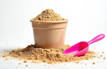 Brown kinetic sand fills pot. Sand spills on clean white surface. Bright pink scoop lies beside. Creative play material great for children. Promotes imagination, fine motor skill development, sensory