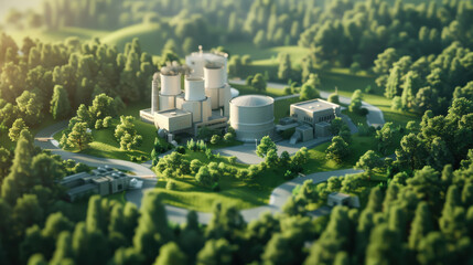 Futuristic eco industrial zone featuring clean energy reactors surrounded by lush greenery and winding roads, showcasing sustainable technology