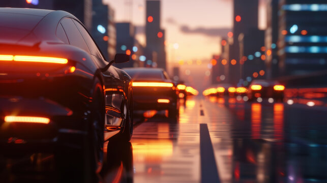 Futuristic city highway with autonomous vehicles, glowing lights, and vibrant atmosphere creates dynamic urban scene