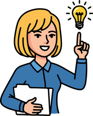 Woman has a bright idea, holding documents icon