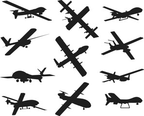 Set of drone silhouettes featuring diverse unmanned aerial vehicle designs with various wing shapes and angles for aviation, surveillance, and vector use.