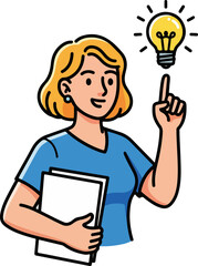 Woman with lightbulb idea and holding documents