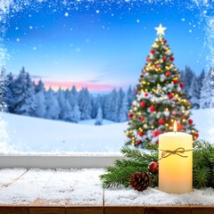 A festive Christmas scene features a lit candle, pine boughs, and snow-covered table, with a decorated tree and snowy forest landscape in the background