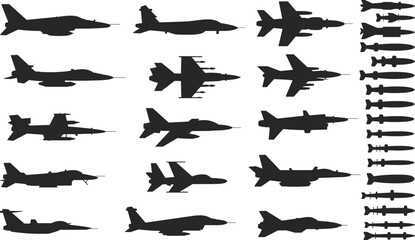 Military aircraft and missile silhouettes vector set featuring fighter jets, bombers, and weapons icons for defense, aviation, aerospace design, and infographic use.