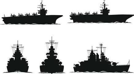 Naval warship silhouette vector set featuring aircraft carriers, battleships, destroyers, and military vessel icons for maritime design, defense graphics, and nautical illustrations. © Hasem Creative