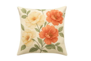 Square decorative cushion with cream background featuring large orange and pale yellow flowers and green leaves, botanical floral print for home decor