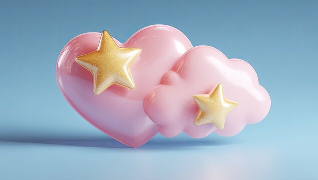 Pink heart & cloud with gold stars on a soft blue background. Cute, dreamy art - Powered by Adobe