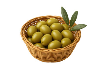 Basket filled with green olives and olive leaves