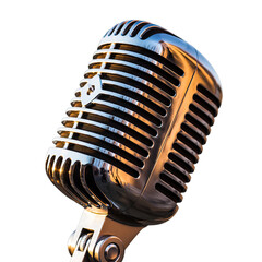 Vintage Silver Microphone with Warm Golden Highlights and Reflected Sunset Colors Isolated on Black Background Studio Lighting