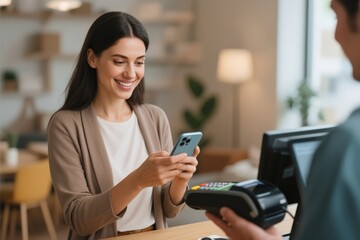 Online Shopping Concept. Smiling woman using phone to make a payment at a modern cafe counter.