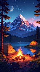 A serene nightscape of a campsite, featuring illuminated tents, a blazing campfire, and a majestic mountain under a luminous moon