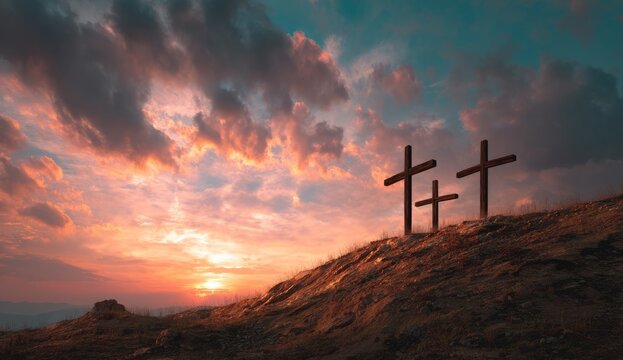 Silhouette of three wooden religious crosses above the hill against a dramatic sky and sunbeams at sunset or sunrise. Religious symbol of good Friday.