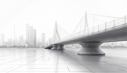 Obraz premium Modern cable-stayed bridge over water with city skyline. Architectural drawing style, clean lines, futuristic urban planning. Infrastructure project visualization.