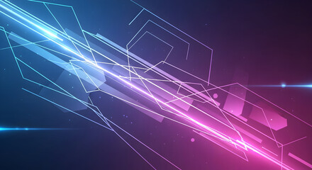 Obraz premium Abstract futuristic background with geometric shapes and light streaks in blue and pink.