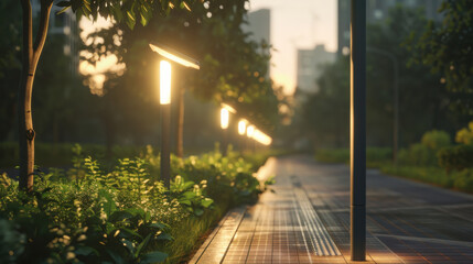 Serene urban scene featuring solar panel street lights illuminating pathway surrounded by lush greenery, creating peaceful atmosphere
