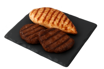 Three grilled burger patties with toasted bun on slate plate