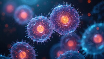 Obraz premium Microscopic view cells with intricate structures. Vibrant glowing nucleus highlighted. Concept for research, medicine, genetic, bio, tech. Perfect for scientific visuals, education projects health
